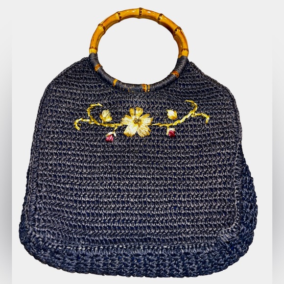 ⭐️UNIQUE WOVEN GRAY-BLUE PURSE W/BAMBOO HANDLES!! Gorgeous condition!! - Picture 1 of 12